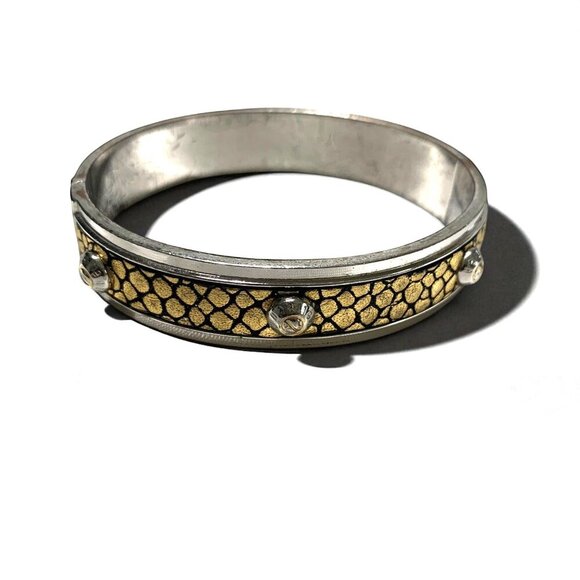 Henri Bendel Gold & Black Snake Pattern Cuff Bracelet With Silver Accents & Logo - Picture 1 of 4